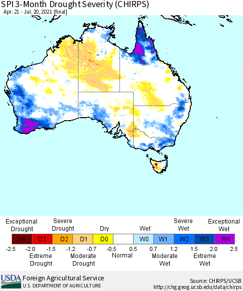 Australia SPI 3-Month Drought Severity (CHIRPS) Thematic Map For 4/21/2021 - 7/20/2021