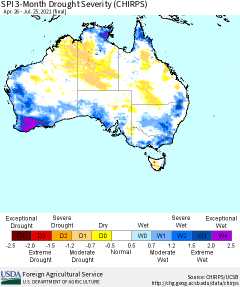 Australia SPI 3-Month Drought Severity (CHIRPS) Thematic Map For 4/26/2021 - 7/25/2021