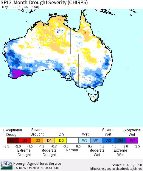 Australia SPI 3-Month Drought Severity (CHIRPS) Thematic Map For 5/1/2021 - 7/31/2021
