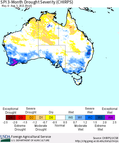 Australia SPI 3-Month Drought Severity (CHIRPS) Thematic Map For 5/6/2021 - 8/5/2021