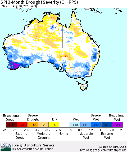 Australia SPI 3-Month Drought Severity (CHIRPS) Thematic Map For 5/11/2021 - 8/10/2021