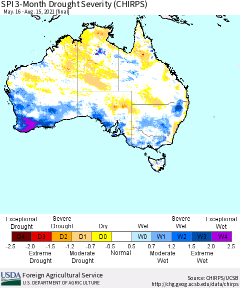 Australia SPI 3-Month Drought Severity (CHIRPS) Thematic Map For 5/16/2021 - 8/15/2021