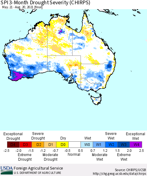 Australia SPI 3-Month Drought Severity (CHIRPS) Thematic Map For 5/21/2021 - 8/20/2021