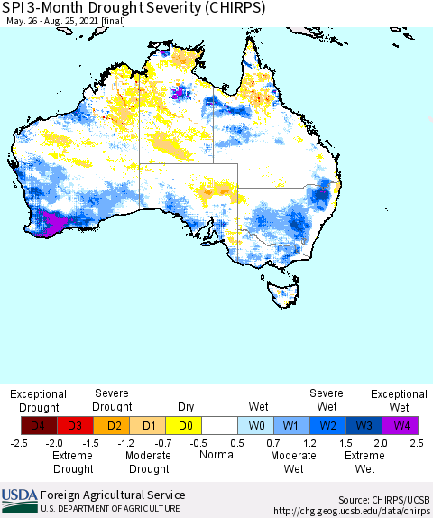 Australia SPI 3-Month Drought Severity (CHIRPS) Thematic Map For 5/26/2021 - 8/25/2021