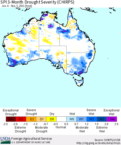 Australia SPI 3-Month Drought Severity (CHIRPS) Thematic Map For 6/6/2021 - 9/5/2021