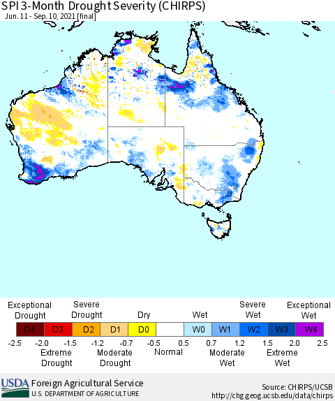 Australia SPI 3-Month Drought Severity (CHIRPS) Thematic Map For 6/11/2021 - 9/10/2021