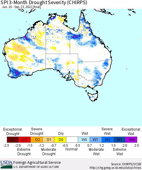 Australia SPI 3-Month Drought Severity (CHIRPS) Thematic Map For 6/16/2021 - 9/15/2021