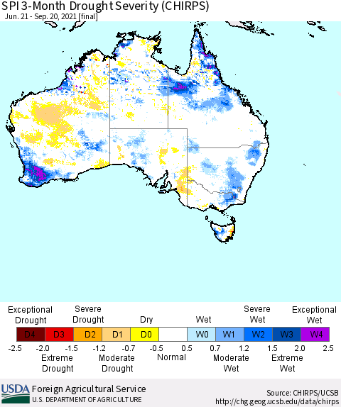 Australia SPI 3-Month Drought Severity (CHIRPS) Thematic Map For 6/21/2021 - 9/20/2021
