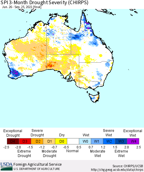 Australia SPI 3-Month Drought Severity (CHIRPS) Thematic Map For 6/26/2021 - 9/25/2021