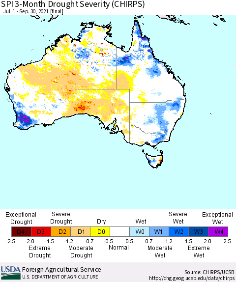 Australia SPI 3-Month Drought Severity (CHIRPS) Thematic Map For 7/1/2021 - 9/30/2021