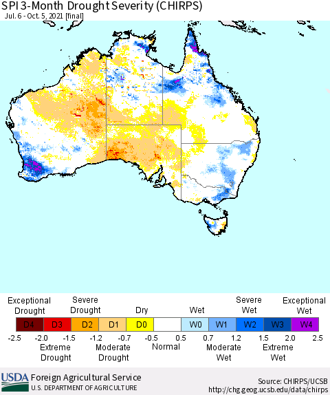 Australia SPI 3-Month Drought Severity (CHIRPS) Thematic Map For 7/6/2021 - 10/5/2021