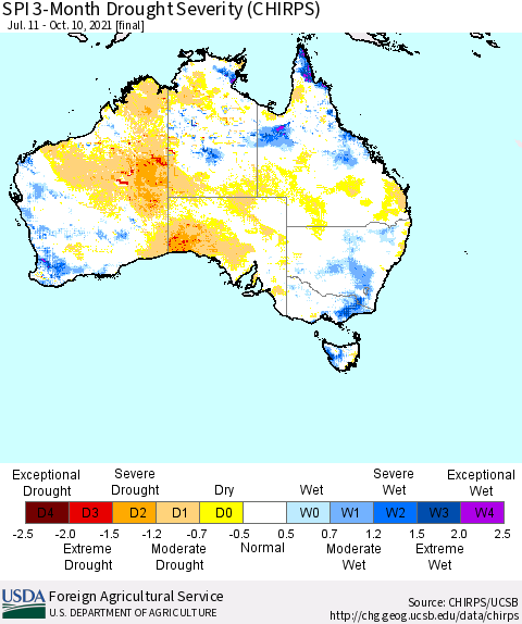 Australia SPI 3-Month Drought Severity (CHIRPS) Thematic Map For 7/11/2021 - 10/10/2021
