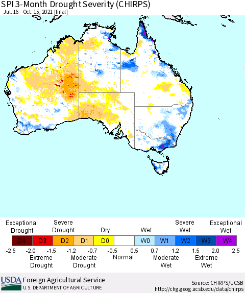 Australia SPI 3-Month Drought Severity (CHIRPS) Thematic Map For 7/16/2021 - 10/15/2021