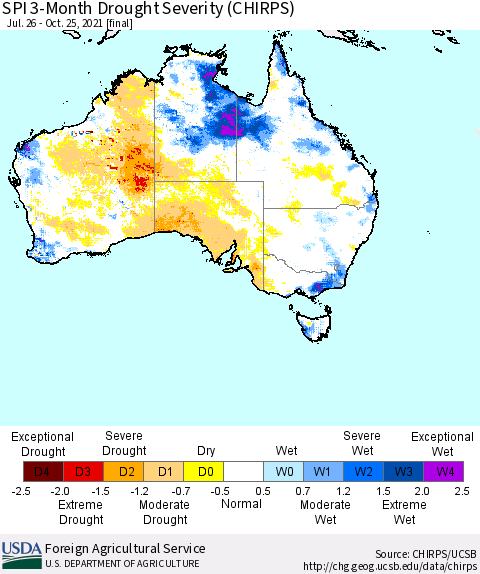 Australia SPI 3-Month Drought Severity (CHIRPS) Thematic Map For 7/26/2021 - 10/25/2021
