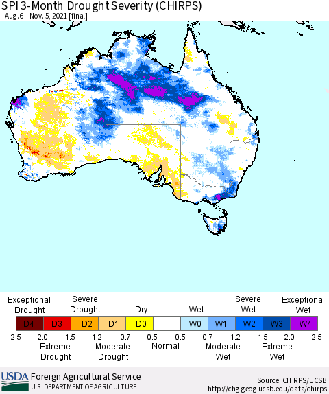 Australia SPI 3-Month Drought Severity (CHIRPS) Thematic Map For 8/6/2021 - 11/5/2021