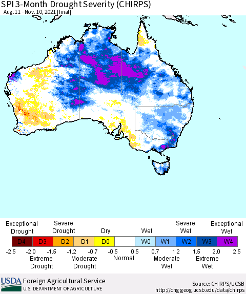 Australia SPI 3-Month Drought Severity (CHIRPS) Thematic Map For 8/11/2021 - 11/10/2021
