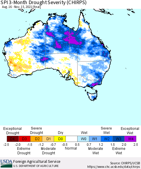 Australia SPI 3-Month Drought Severity (CHIRPS) Thematic Map For 8/16/2021 - 11/15/2021
