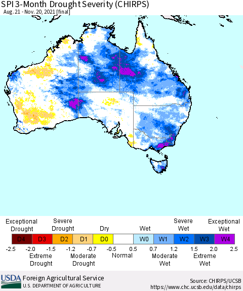 Australia SPI 3-Month Drought Severity (CHIRPS) Thematic Map For 8/21/2021 - 11/20/2021