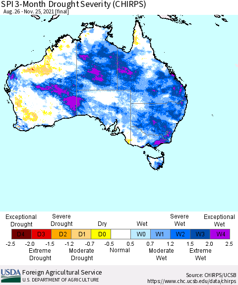 Australia SPI 3-Month Drought Severity (CHIRPS) Thematic Map For 8/26/2021 - 11/25/2021
