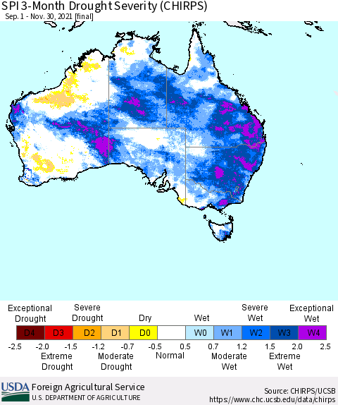 Australia SPI 3-Month Drought Severity (CHIRPS) Thematic Map For 9/1/2021 - 11/30/2021