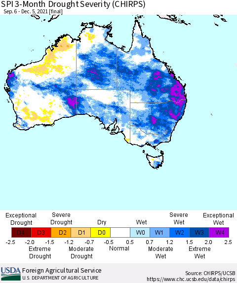 Australia SPI 3-Month Drought Severity (CHIRPS) Thematic Map For 9/6/2021 - 12/5/2021