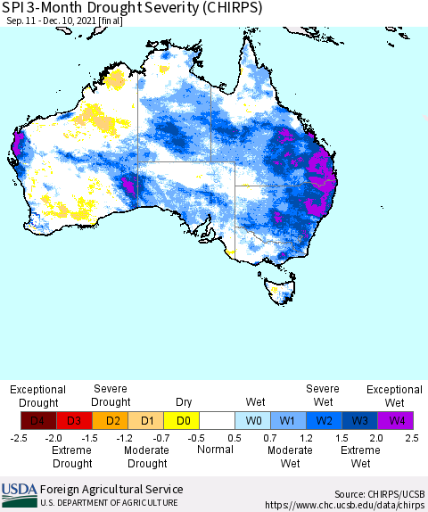 Australia SPI 3-Month Drought Severity (CHIRPS) Thematic Map For 9/11/2021 - 12/10/2021