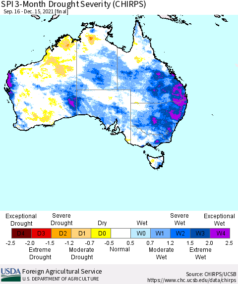 Australia SPI 3-Month Drought Severity (CHIRPS) Thematic Map For 9/16/2021 - 12/15/2021