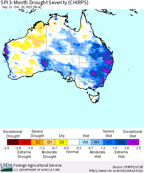 Australia SPI 3-Month Drought Severity (CHIRPS) Thematic Map For 9/21/2021 - 12/20/2021
