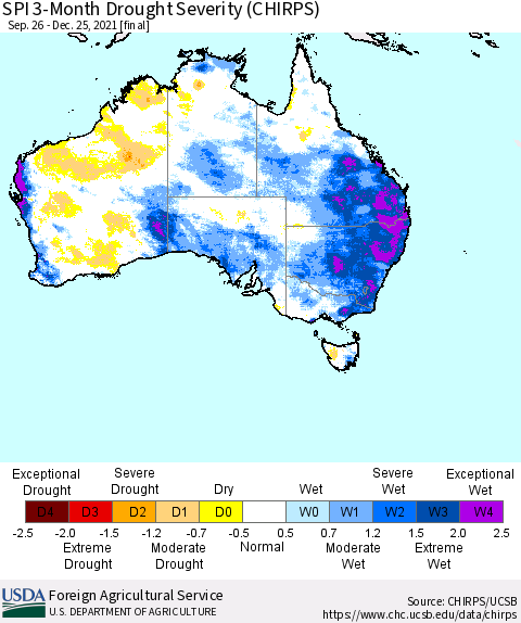 Australia SPI 3-Month Drought Severity (CHIRPS) Thematic Map For 9/26/2021 - 12/25/2021