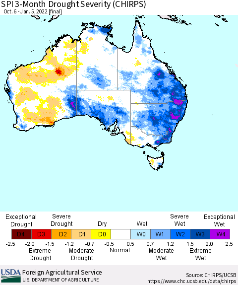 Australia SPI 3-Month Drought Severity (CHIRPS) Thematic Map For 10/6/2021 - 1/5/2022