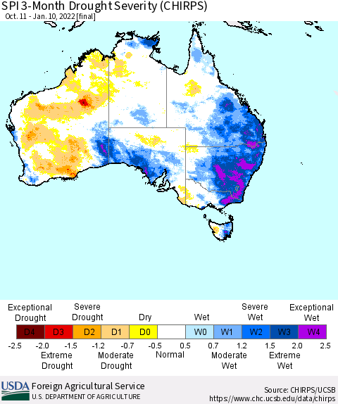 Australia SPI 3-Month Drought Severity (CHIRPS) Thematic Map For 10/11/2021 - 1/10/2022