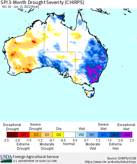 Australia SPI 3-Month Drought Severity (CHIRPS) Thematic Map For 10/16/2021 - 1/15/2022