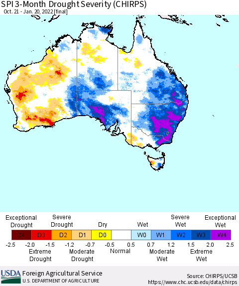 Australia SPI 3-Month Drought Severity (CHIRPS) Thematic Map For 10/21/2021 - 1/20/2022