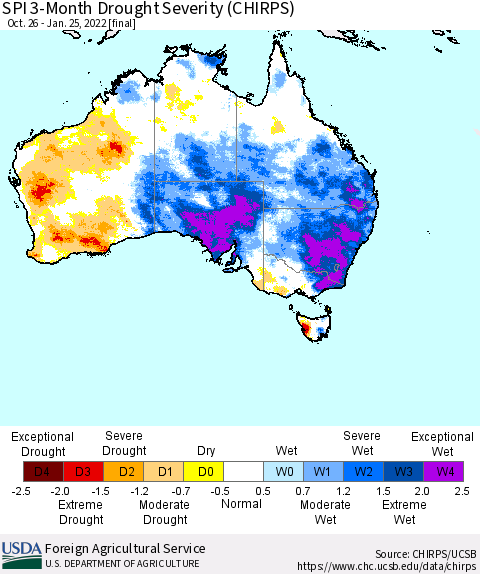 Australia SPI 3-Month Drought Severity (CHIRPS) Thematic Map For 10/26/2021 - 1/25/2022