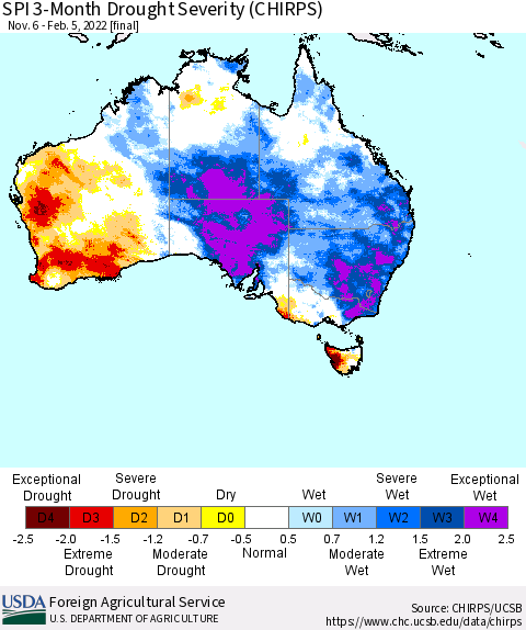 Australia SPI 3-Month Drought Severity (CHIRPS) Thematic Map For 11/6/2021 - 2/5/2022