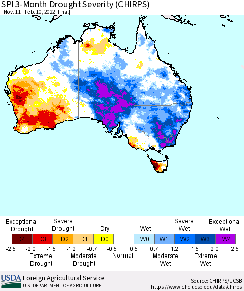 Australia SPI 3-Month Drought Severity (CHIRPS) Thematic Map For 11/11/2021 - 2/10/2022