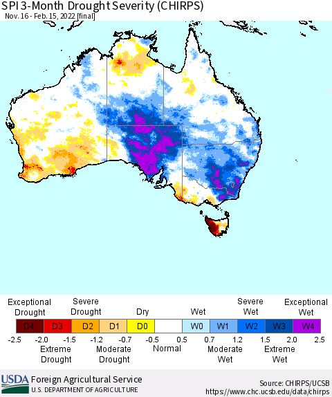 Australia SPI 3-Month Drought Severity (CHIRPS) Thematic Map For 11/16/2021 - 2/15/2022