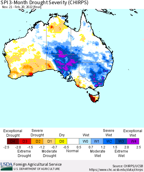 Australia SPI 3-Month Drought Severity (CHIRPS) Thematic Map For 11/21/2021 - 2/20/2022