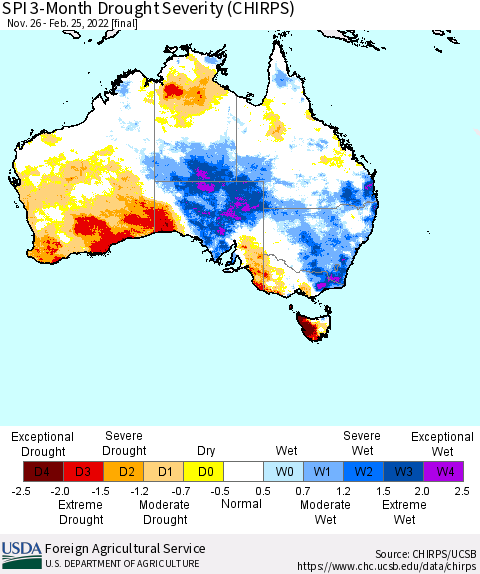 Australia SPI 3-Month Drought Severity (CHIRPS) Thematic Map For 11/26/2021 - 2/25/2022