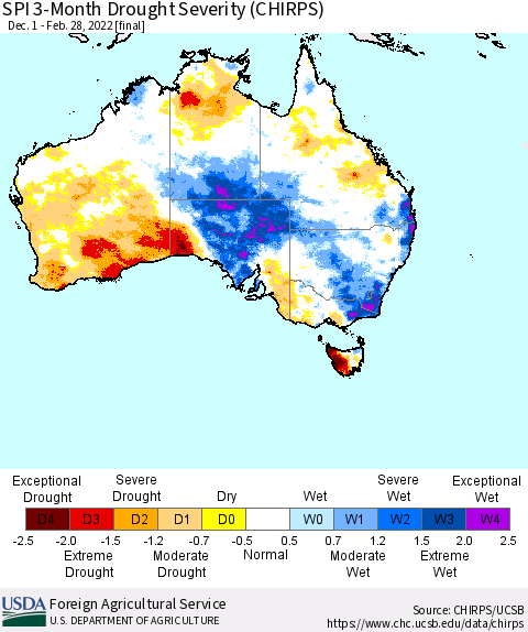 Australia SPI 3-Month Drought Severity (CHIRPS) Thematic Map For 12/1/2021 - 2/28/2022