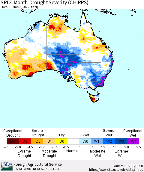 Australia SPI 3-Month Drought Severity (CHIRPS) Thematic Map For 12/6/2021 - 3/5/2022
