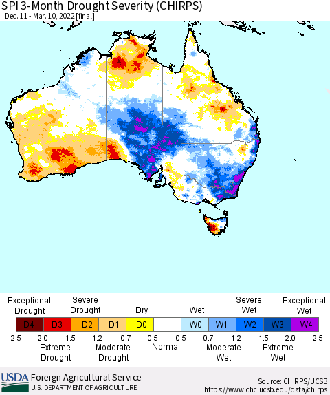 Australia SPI 3-Month Drought Severity (CHIRPS) Thematic Map For 12/11/2021 - 3/10/2022