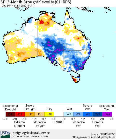 Australia SPI 3-Month Drought Severity (CHIRPS) Thematic Map For 12/16/2021 - 3/15/2022