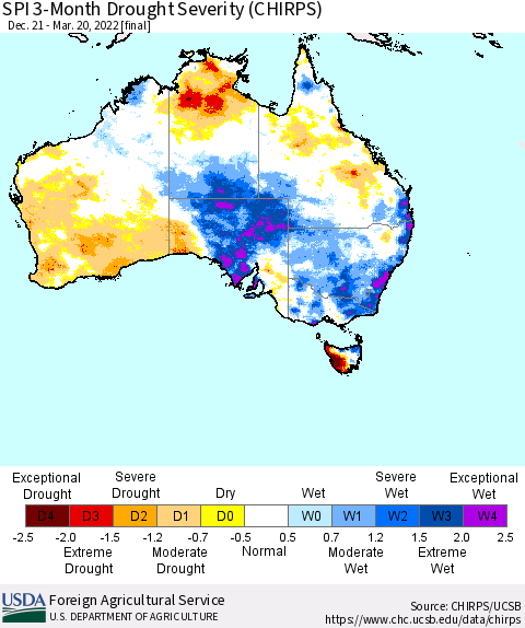 Australia SPI 3-Month Drought Severity (CHIRPS) Thematic Map For 12/21/2021 - 3/20/2022