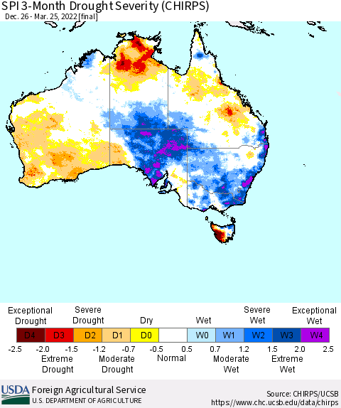 Australia SPI 3-Month Drought Severity (CHIRPS) Thematic Map For 12/26/2021 - 3/25/2022