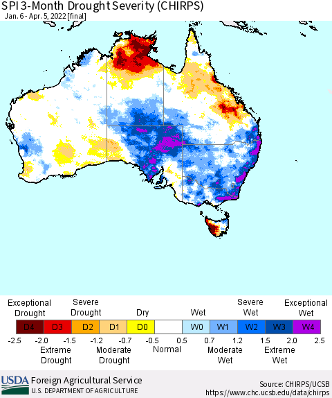Australia SPI 3-Month Drought Severity (CHIRPS) Thematic Map For 1/6/2022 - 4/5/2022