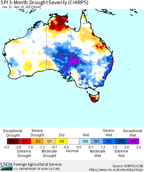 Australia SPI 3-Month Drought Severity (CHIRPS) Thematic Map For 1/11/2022 - 4/10/2022