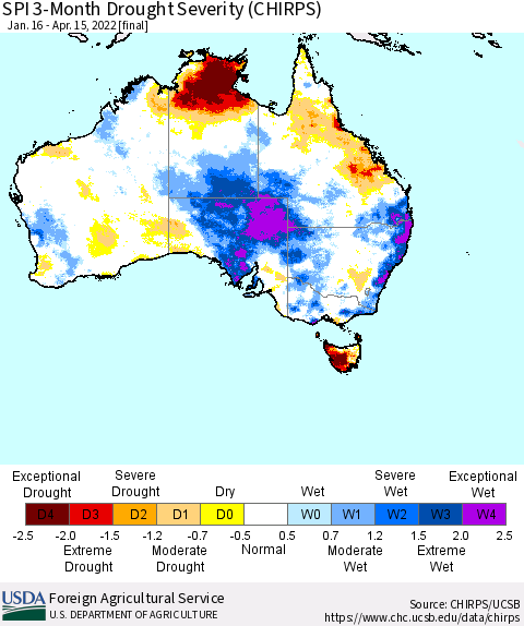 Australia SPI 3-Month Drought Severity (CHIRPS) Thematic Map For 1/16/2022 - 4/15/2022
