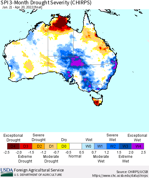 Australia SPI 3-Month Drought Severity (CHIRPS) Thematic Map For 1/21/2022 - 4/20/2022