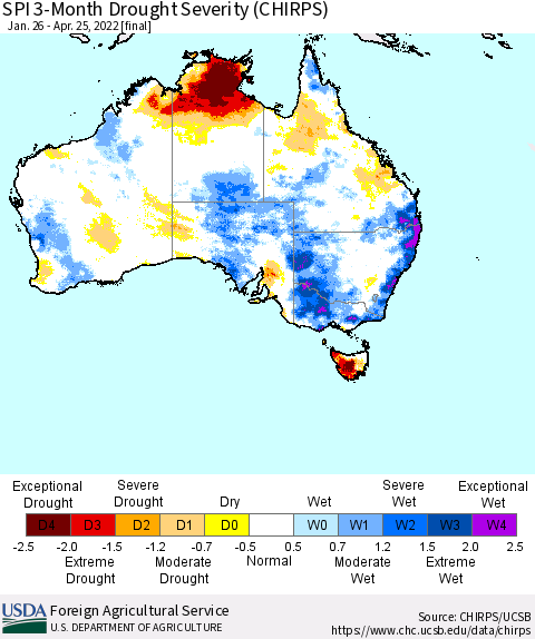 Australia SPI 3-Month Drought Severity (CHIRPS) Thematic Map For 1/26/2022 - 4/25/2022